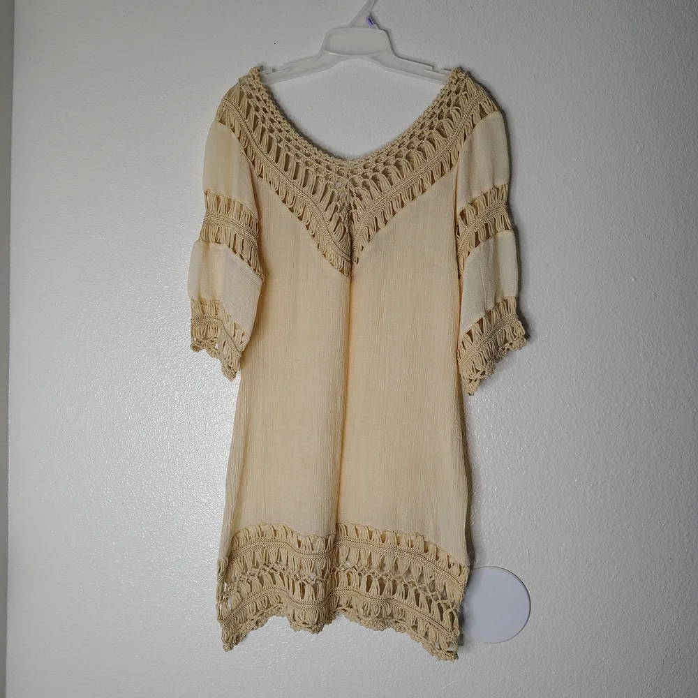 Boho Beige Crochet Mesh Midi Dress Cover Up S/M Solid Neutral Festival Beach - Picture 2 of 15